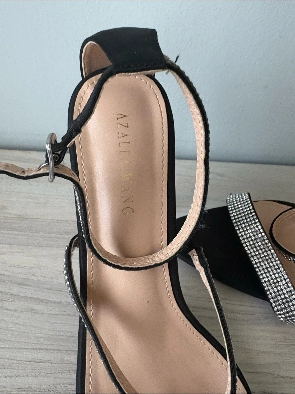 Black Rhinestone-Strap Stiletto Heels with Crystal Embellished Heel